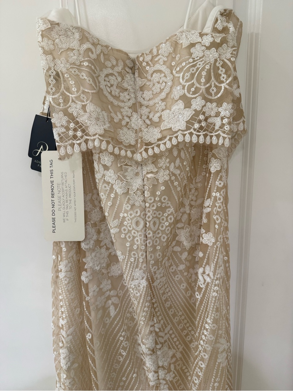 Adrianna Papell Champagne and White Lace Beaded Maxi Gown - Picture 8 of 9